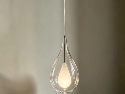 Teardrop Shaped Transparent Glass Pendant Light with White Light Source Hanging in Indoor Space 3d model