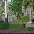 Beautiful Garden Landscape Design With Green Lawn Neatly Trimmed Shrubs Purple Flowers And White Gate