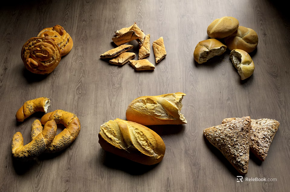 Assorted Fresh Bread Varieties with Different Shapes on Wooden Table 3d model 
