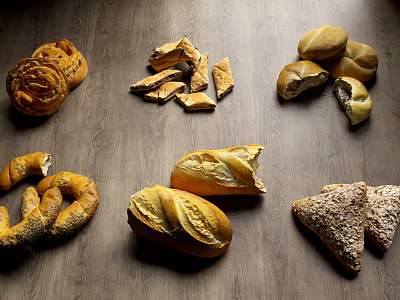 Assorted Fresh Bread Varieties with Different Shapes on Wooden Table 3d model