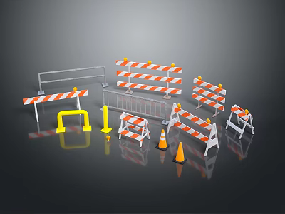Set Of Orange White Striped Traffic Safety Barriers Cones And Guardrails 3d model
