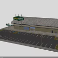 Mega Mart Supermarket Exterior View With Spacious Parking Lot And Customers