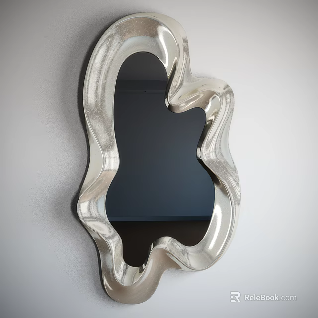 Unique Silver Mirror with Irregular Wavy Design Mounted on White Wall for Modern Interior 3d model 