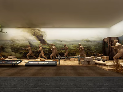 Military History Exhibition Display With Soldier Sculptures And Battle Scene Mural 3d model