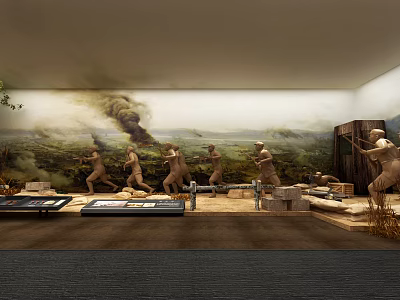 Military History Exhibition Display With Soldier Sculptures And Battle Scene Mural 3d model