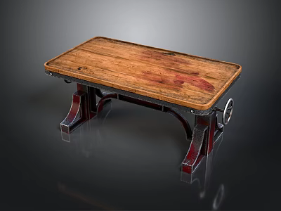 Industrial Wooden Workbench With Rustic Top Metal Frame And Movable Wheels 3d model