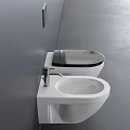 Wall Mounted White Toilet With Black Lid And Bidet On Grey Wall Background