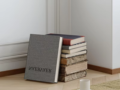Elegant Stacked Hardcover Books With Gray Cover On Wooden Floor White Wall And White Cup 3d model