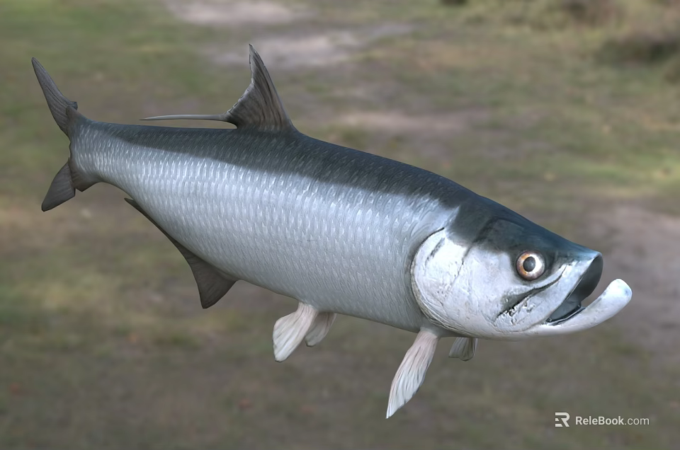 Silver Aquatic Fish With Streamlined Body Open Mouth And Large Eyes In Natural Water 3d model 