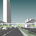 Modern Commercial Complex with Glass Facade Evening Lighting Green Trees and Street Cars