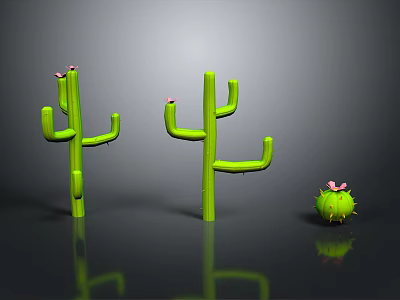 Green Cacti With Pink Flowers Including Large And Small Sizes On Reflective Surface 3d model