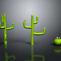 Green Cacti With Pink Flowers Including Large And Small Sizes On Reflective Surface
