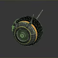 Biomorphic Robotic Sphere Character With Metallic Gear Surface Orange Accents And Antenna