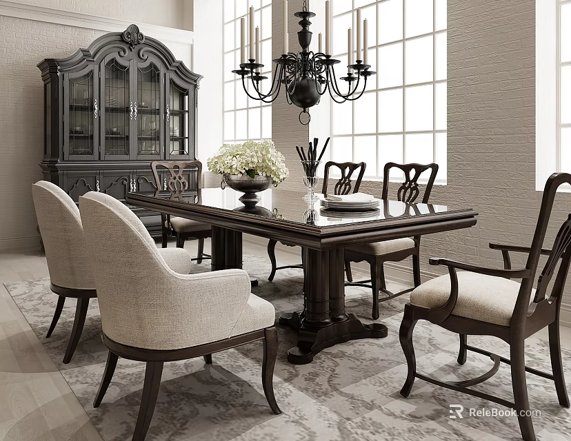 Elegant Traditional Dining Table Set With Dark Wooden Table Upholstered Chairs And Sideboard 3d model 