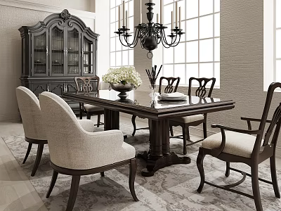 Elegant Traditional Dining Table Set With Dark Wooden Table Upholstered Chairs And Sideboard 3d model