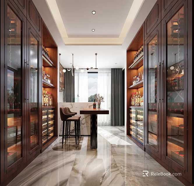 Luxurious Wine Cellar With Dark Wooden Cabinets Glass Doors Marble Flooring And Central Bar Counter 3d model 