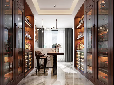 Luxurious Wine Cellar With Dark Wooden Cabinets Glass Doors Marble Flooring And Central Bar Counter 3d model