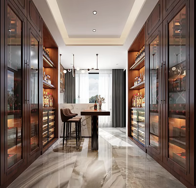 Luxurious Wine Cellar With Dark Wooden Cabinets Glass Doors Marble Flooring And Central Bar Counter 3d model