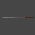 Ornate Fantasy Weapon With Golden Carved Designs Red Glowing Skull On Blade And Brown Handle