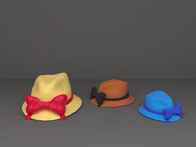 Stylish Yellow Brown Blue Hats with Red Black Blue Bows on Gray Background 3d model