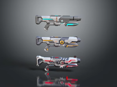 Three Different Futuristic Sci Fi Weapons With Colorful Accents And Unique Designs 3d model