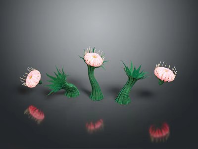 Pink Flowering Plants With Green Stems Leaves And Reflective Surface 3d model