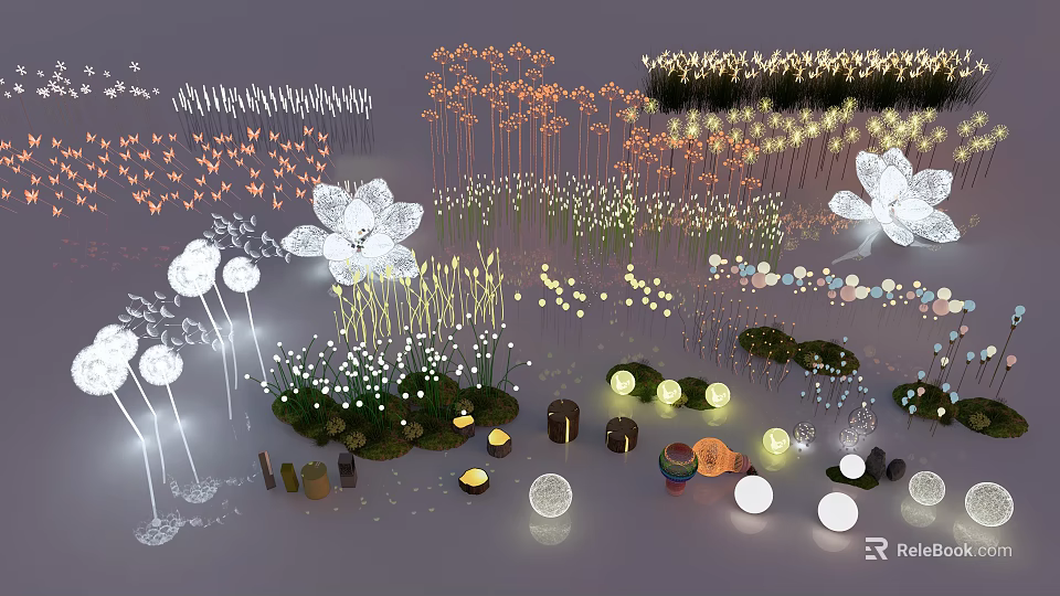 Outdoor Lights With Various Flower Shaped And Globe Designs For Garden Decoration 3d model 