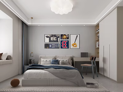 Kids Room Interior With Cozy Bed Wall Art Ceiling Light Study Desk And Storage Cabinet 3d model