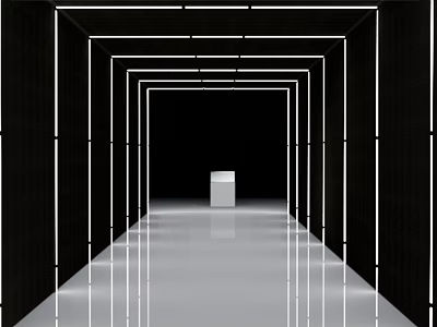 Futuristic Art Installation With Black Frame Tunnel And White Cube Reflective Floor 3d model
