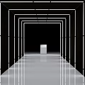 Futuristic Art Installation With Black Frame Tunnel And White Cube Reflective Floor
