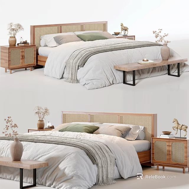 Modern Minimalist Double Bed with Rattan Headboard Bedside Tables Decorative Vases Soft Quilt and Pillows 3d model 