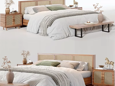 Modern Minimalist Double Bed with Rattan Headboard Bedside Tables Decorative Vases Soft Quilt and Pillows 3d model