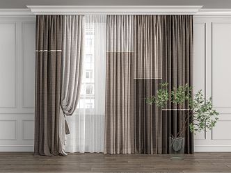 Modern Curtain Fabric Curtain Gauze Curtain Green Plant Vase 3d model