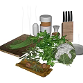 Fresh Vegetables Cauliflower Olives and Herbs on Wooden Cutting Board with Knives Spice Jars