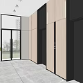 Modern Elevator Hallway With Wooden Panel Walls And Gray Tile Flooring 3d model