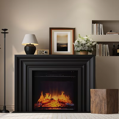 Black Fireplace with Burning Fire Table Lamp Framed Artwork and Fresh Flowers on Mantel 3d model