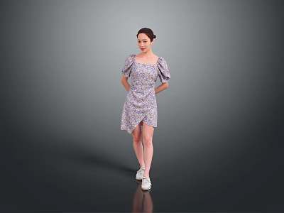 Woman In Floral Print Puffed Sleeve Dress With White Shoes Standing Against Simple Gray Background 3d model