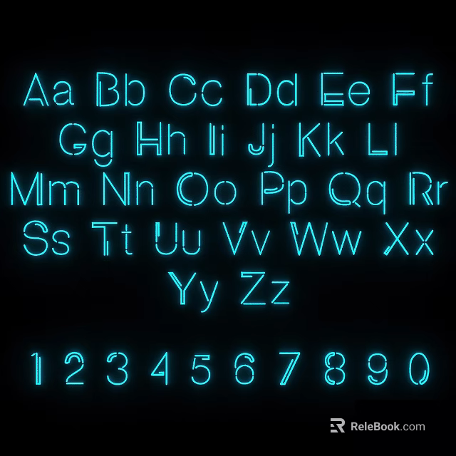 Neon Style Decorative Lights With Blue Letters Numbers On Black Background 3d model 