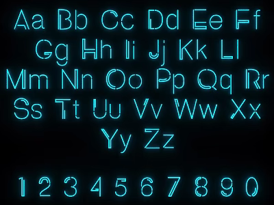 Neon Style Decorative Lights With Blue Letters Numbers On Black Background 3d model