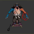 Horned Blue Skinned Game Movie Character With Muscular Body Red Ornaments And Spiked Weapon