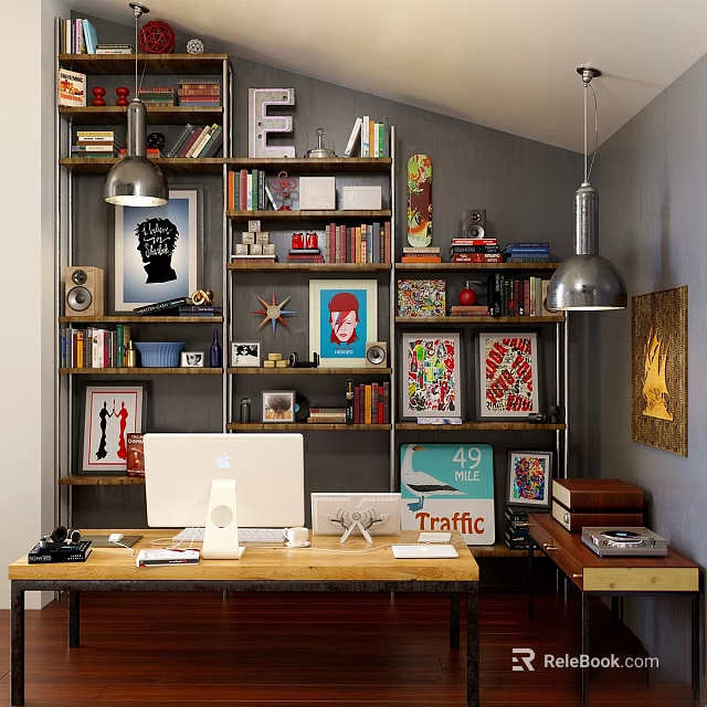 Stylish Home Office Studio With Bookshelves Wall Hangings Posters And Decorative Art 3d model 