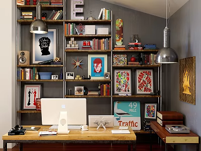 Stylish Home Office Studio With Bookshelves Wall Hangings Posters And Decorative Art 3d model