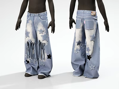 Light Blue Denim Jeans With Loose Fit Star Patterns And Fringe Details 3d model