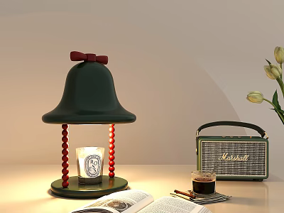 Green Bell Shaped Table Lamp with Red Bow and Red Beaded Stand in Cozy Nook 3d model