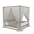 Elegant Double Bed With Golden Frame White Sheer Drapes And Wooden Vertical Headboard Background