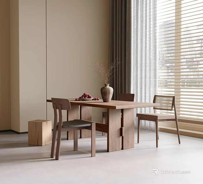 Simple Modern Wooden Dining Table And Chairs With Vase Fruits Window Curtain 3d model 