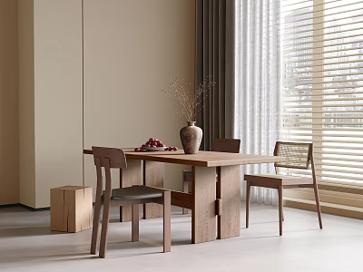 Simple Modern Wooden Dining Table And Chairs With Vase Fruits Window Curtain 3d model