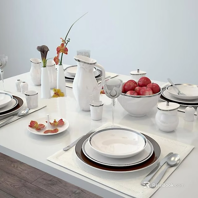 Elegant Dinnerware Set on White Dining Table with Red Apples White Vases and Wine Glasses 3d model 
