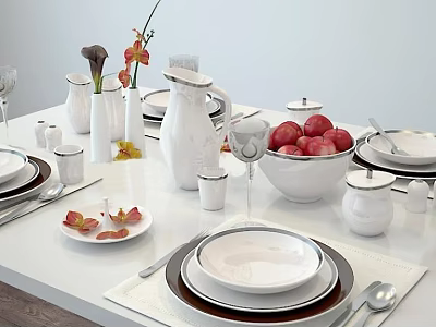 Elegant Dinnerware Set on White Dining Table with Red Apples White Vases and Wine Glasses 3d model