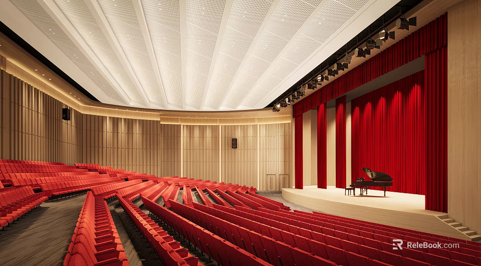 Elegant Conference Room With Red Seats Stage Red Curtains Piano And Ceiling Lighting 3d model 